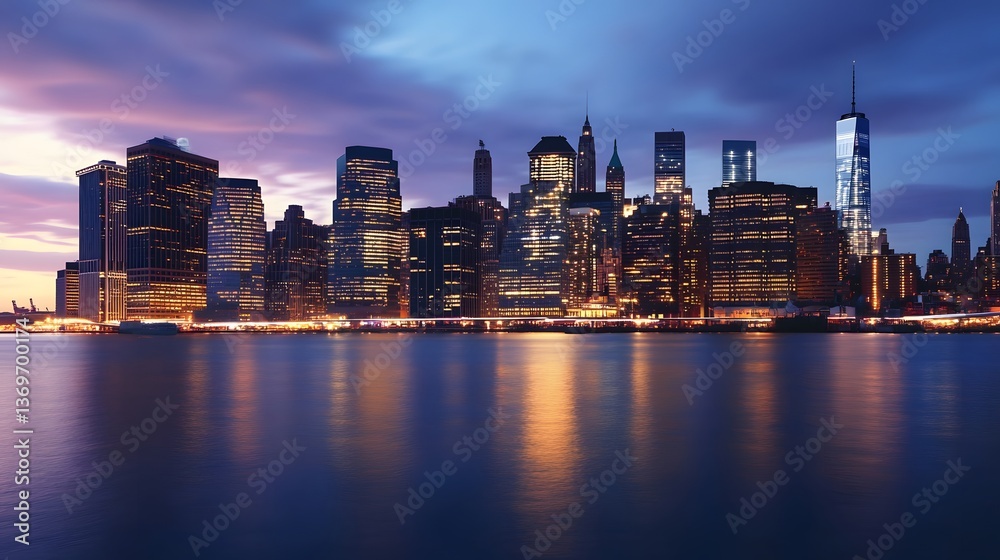 Obraz premium 38. A stunning panoramic shot of Manhattan is skyline at dusk, with towering buildings, glowing windows, and calm waterfronts