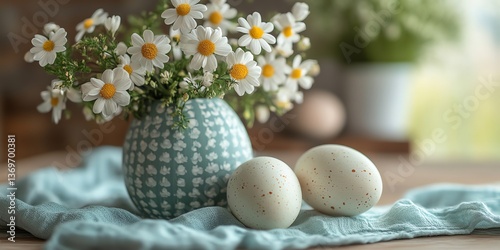 Easter Eggs and Daisy Arrangement Still Life on Soft Blue Fabric