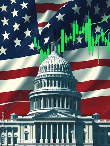 United States Capitol with an upward stock market graph and American flag, symbolizing economic growth, politics, government finance, investment, and national economy trends

