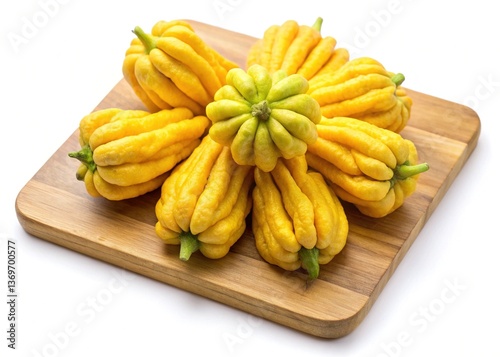 Closeup of Ripe Yellow Buddha's Hand Citrons on Wooden Cutting Board