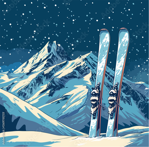 snow, vector, winter, sport, mountain, recreation, ski, illustration, outdoor, landscape, travel, resort, design, extreme, cold, season, fun, downhill, card, poster, vintage, nature, vacation, 