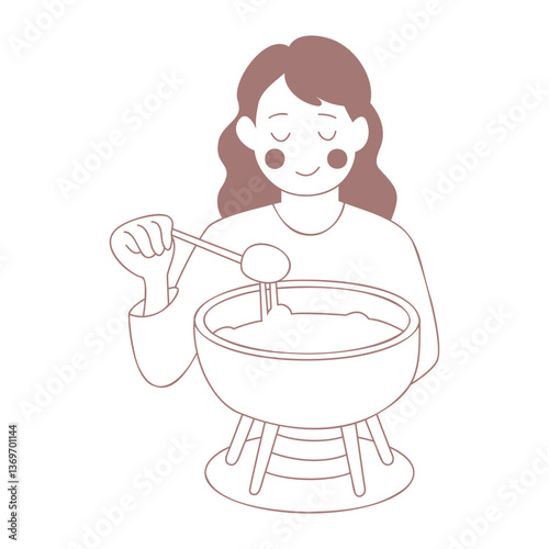 A woman eats cheese fondue. Hot fondue. Isolated on a white background.