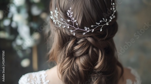 Regal half-up, half-down hairstyle adorned with fine crystal-encrusted vines 