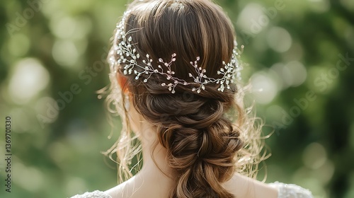 Regal half-up, half-down hairstyle adorned with fine crystal-encrusted vines 