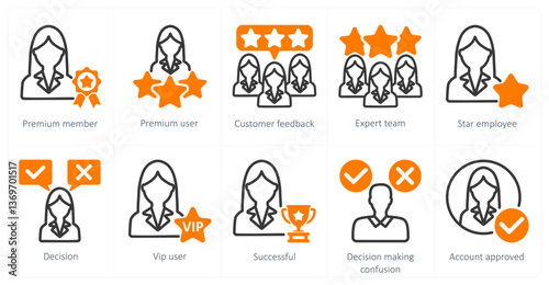 A set of 5 business and seo icons as premium member, premium user, customer feedback