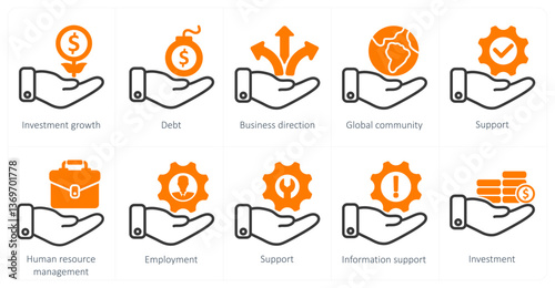 A set of 10 business icons as investment growth, debt, business direction