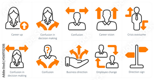 A set of 10 business icons as career up, confusion, career vision