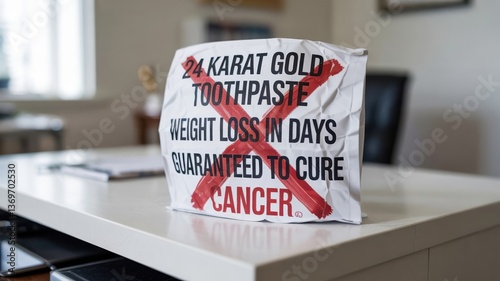 Crumpled paper with exaggerated claims and red X mark on white desk, symbolizing false advertising and deceptive marketing practices. Concept of truth in advertising and consumer protection.