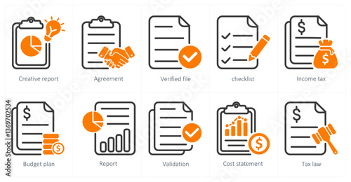 A set of 10 business icons as creative report, agreement, verified file