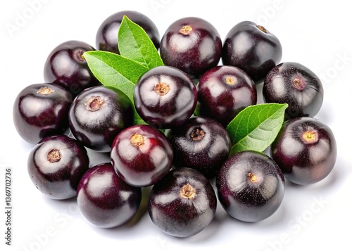 Wallpaper Mural A Pile of Fresh Acai Berries with Green Leaves on White Background Torontodigital.ca