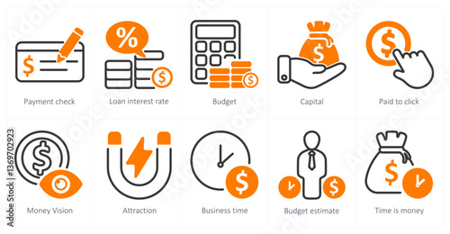 A set of 10 business icons as payment check, loan interest rate, budget, capital