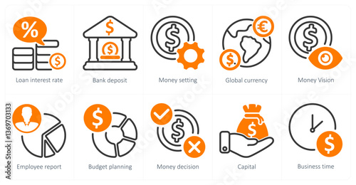 A set of 10 business icons as loan interest rate, bank deposit, money setting