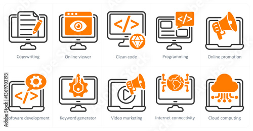 A set of 5 seo icons as content writing, online viewer, clean code