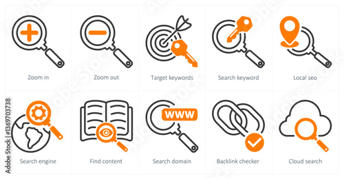 A set of 5 seo icons as zoom in, zoom out, target keywords