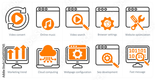 A set of 5 seo icons as video convert, online music, video search