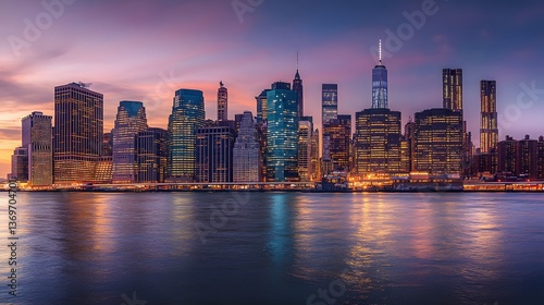 Wallpaper Mural 51. Panoramic image of Manhattan is illuminated skyline at dusk, skyscrapers glowing with reflections of city lights on the river Torontodigital.ca
