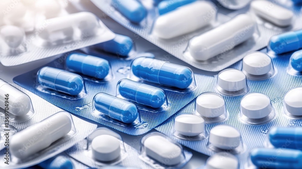 A close-up perspective of assorted pills and capsules in blister packs, artfully arranged, creating a compelling visual narrative on pharmaceutical industry. A close-up perspective of assorted pills and capsules in blister packs, artfully arranged, creating a compelling visual narrative on pharmaceutical industry.