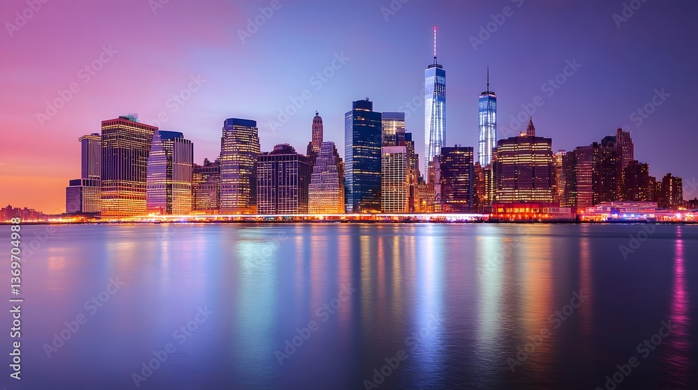 Obraz premium 52. Evening view of Manhattan is skyline, the bright city lights and calm water creating a stunning urban panorama at dusk