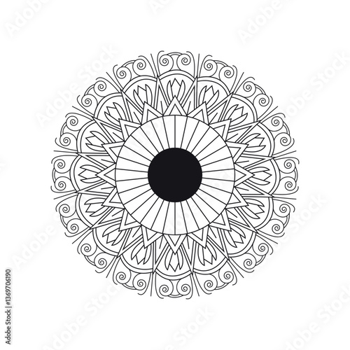 Serene Mandala: A detailed, symmetrical mandala design, offering a blend of intricate patterns in shades of black, symbolizing mindfulness, meditation, and spiritual serenity.