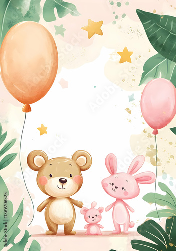 Cute illustration of a bear and rabbit with balloons, ideal for children's decor.