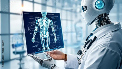 Robot Doctor Analyzing Patient Data in Medical Facility