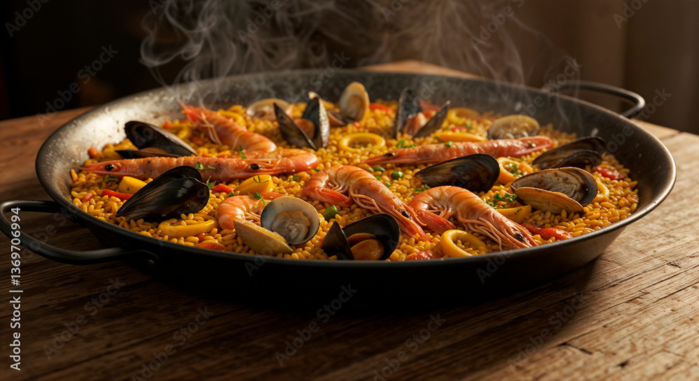 Delicious seafood paella garnished with shrimp and mussels Delicious seafood paella garnished with shrimp and mussels