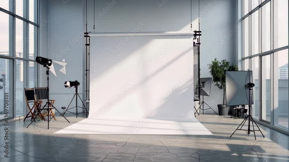 The videography studio features a large white backdrop, ample natural light, and professional lighting equipment, creating an ideal environment for various video shoots.