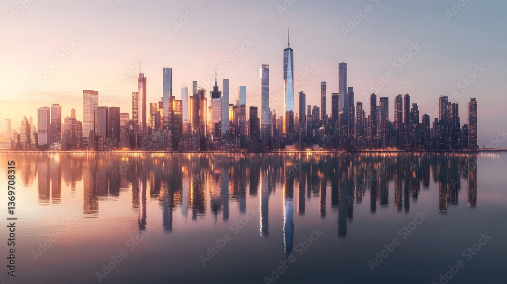 60. Panoramic shot of Manhattan is glowing skyline at dusk, with tall skyscrapers reflecting in the river beneath the fading light 60. Panoramic shot of Manhattan is glowing skyline at dusk, with tall skyscrapers reflecting in the river beneath the fading light