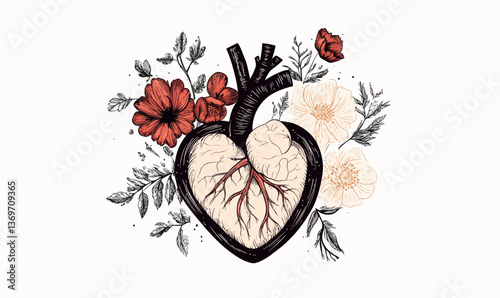 Vintage Floral Anatomical Heart Illustration for Valentine's Day Card Design