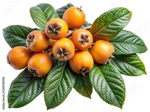 A cluster of ripe loquats on a branch with vibrant green leaves isolated on white background