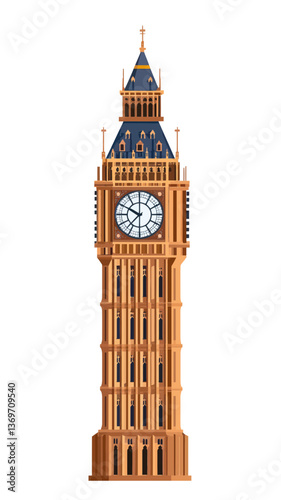 Vector Illustration of Iconic Big Ben Tower Isolated on White Background, London Landmark
