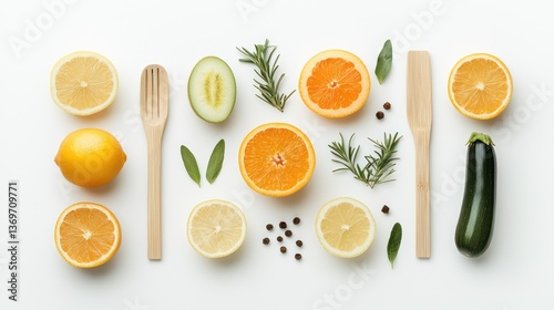 Flat lay of citrus fruits, herbs, and vegetables arranged on a white background with wooden utensils