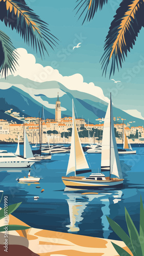 Retro Monte Carlo Monaco Harbor Travel Poster with Sailboats and Coastal Scenery