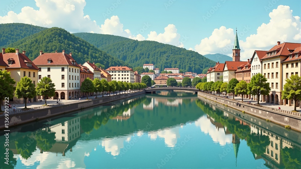 Obraz premium Historic River Walk in Switzerland Bern showcases serene riverside stroll, vibrant landscape. Concept of Historic River Walk in Switzerland Bern emphasizes tranquility and scenic beauty.