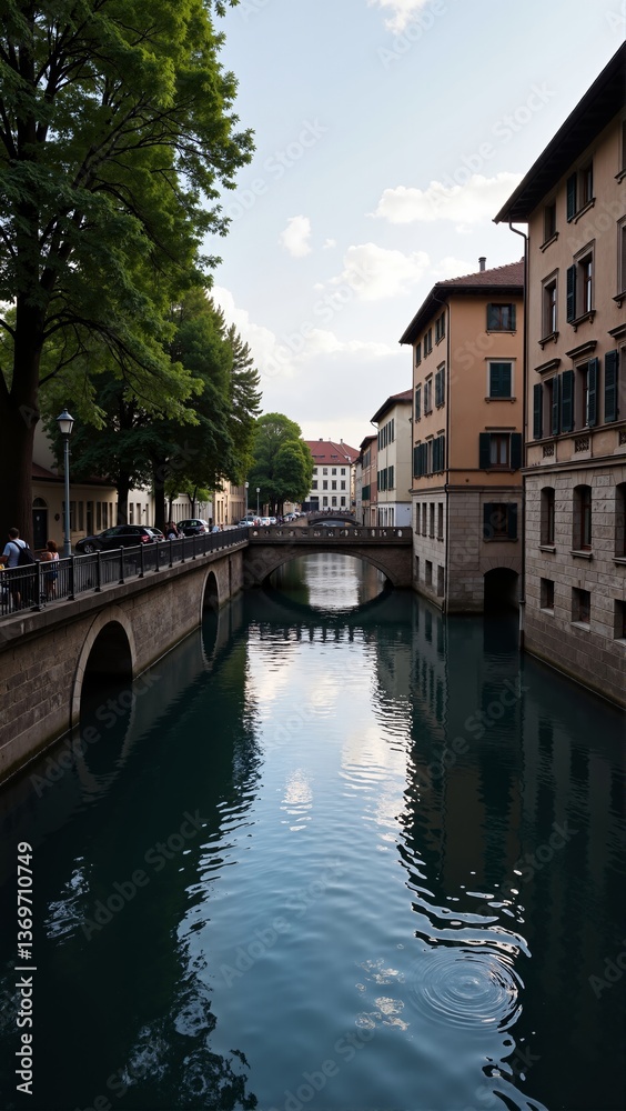 Fototapeta premium Historic River Walk in Switzerland Bern showcases beautiful architecture along calm water. Concept of Historic River Walk in Switzerland Bern emphasizes serene landscape, reflecting tranquility.