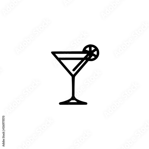 A sleek minimalist line art illustration of a martini glass garnished with a citrus wheel and straw Elegant cocktail icon against a crisp
