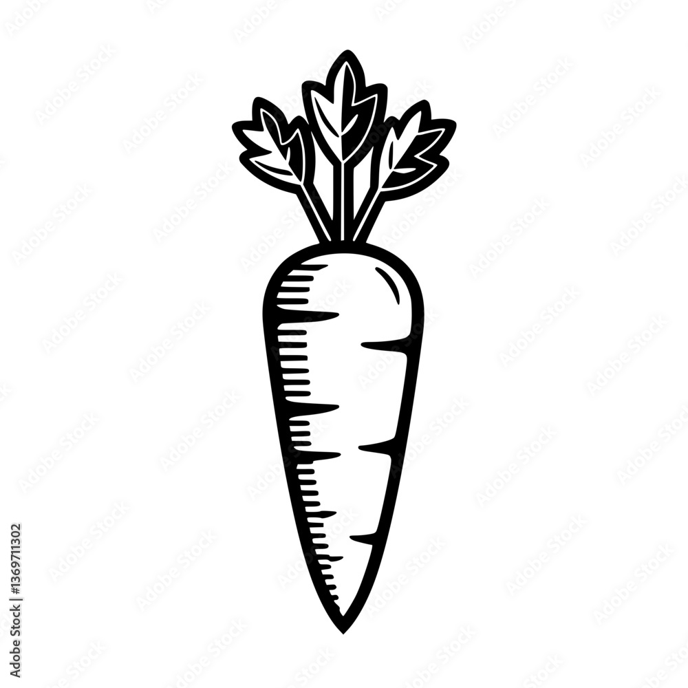 Stylized monochrome graphic of a carrot with greens A simple illustration perfect for organic food or healthy lifestyle themes Isolated on Stylized monochrome graphic of a carrot with greens A simple illustration perfect for organic food or healthy lifestyle themes Isolated on