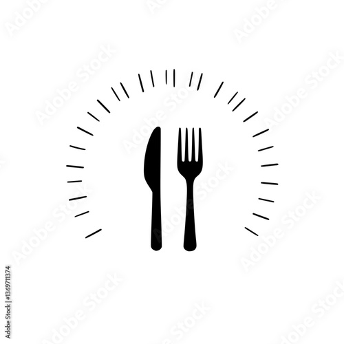 Minimalist cutlery illustration featuring a knife and fork encircled by radial lines on a clean Simple modern and suitable for food themes