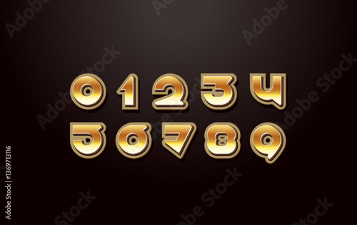 3D gold metal numerals, metallic rounded golden numbers 0, 1, 2, 3, 4, 5, 6, 7, 8, 9, vector illustration 10eps