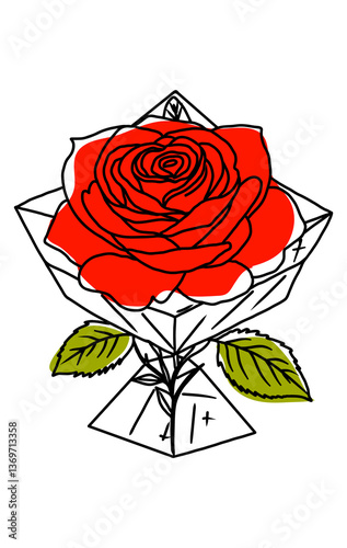 Hand drawn vector illustration of a magic crystal and beautiful roses, esoteric theme, tattoo design.