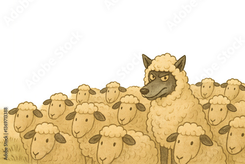 Wolf in sheep costume hiding among flock illustration