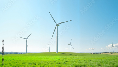 Wallpaper Mural Large wind turbines standing in open field under bright blue sky, renewable energy Torontodigital.ca