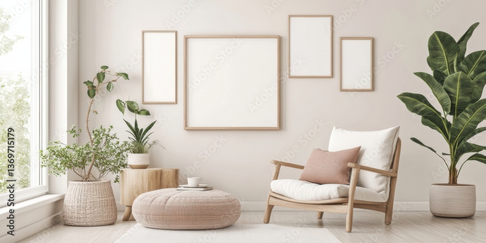 Fototapeta premium Modern living room decorated with plants and minimalistic furniture in soft neutral tones