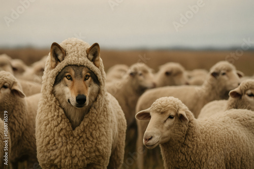 Realistic wolf disguised in wool standing among sheep