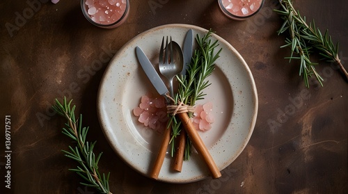 Overhead view of a rustic cutlery setting with pink himalayan salt and a sprig of rosemary. generative.ai