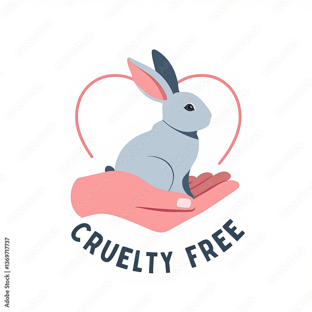 Fototapeta premium Light Grey Bunny on Soft Pink Hand with Charcoal Grey Cruelty Free Text and Pink Heart for Animal Rights, Vector Design, Isolated