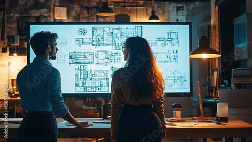 Architects Reviewing Blueprint on Large Screen in Modern Office at Night