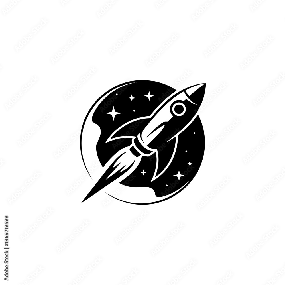 Fototapeta premium Retro Space Rocket in Orbit Illustration - Black and White Logo Design