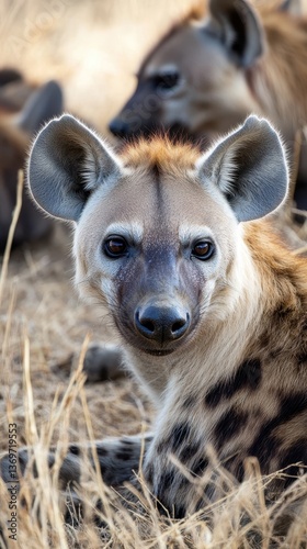 A close up portrait of a spotted hyena watching directly