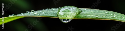 Macro Water Droplet Clinging to a Green Grass Blade, Reflecting Nature s Beauty in Tiny Detail